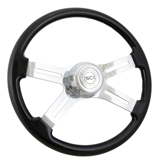 Steering Wheel 18" Classic Black, Chrome 4-Spoke, Chrome 4-Spoke w/ Slot Cut Outs.