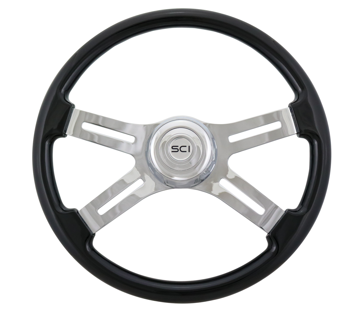 Steering Wheel 18" Classic Black, Chrome 4-Spoke, Chrome 4-Spoke w/ Slot Cut Outs.