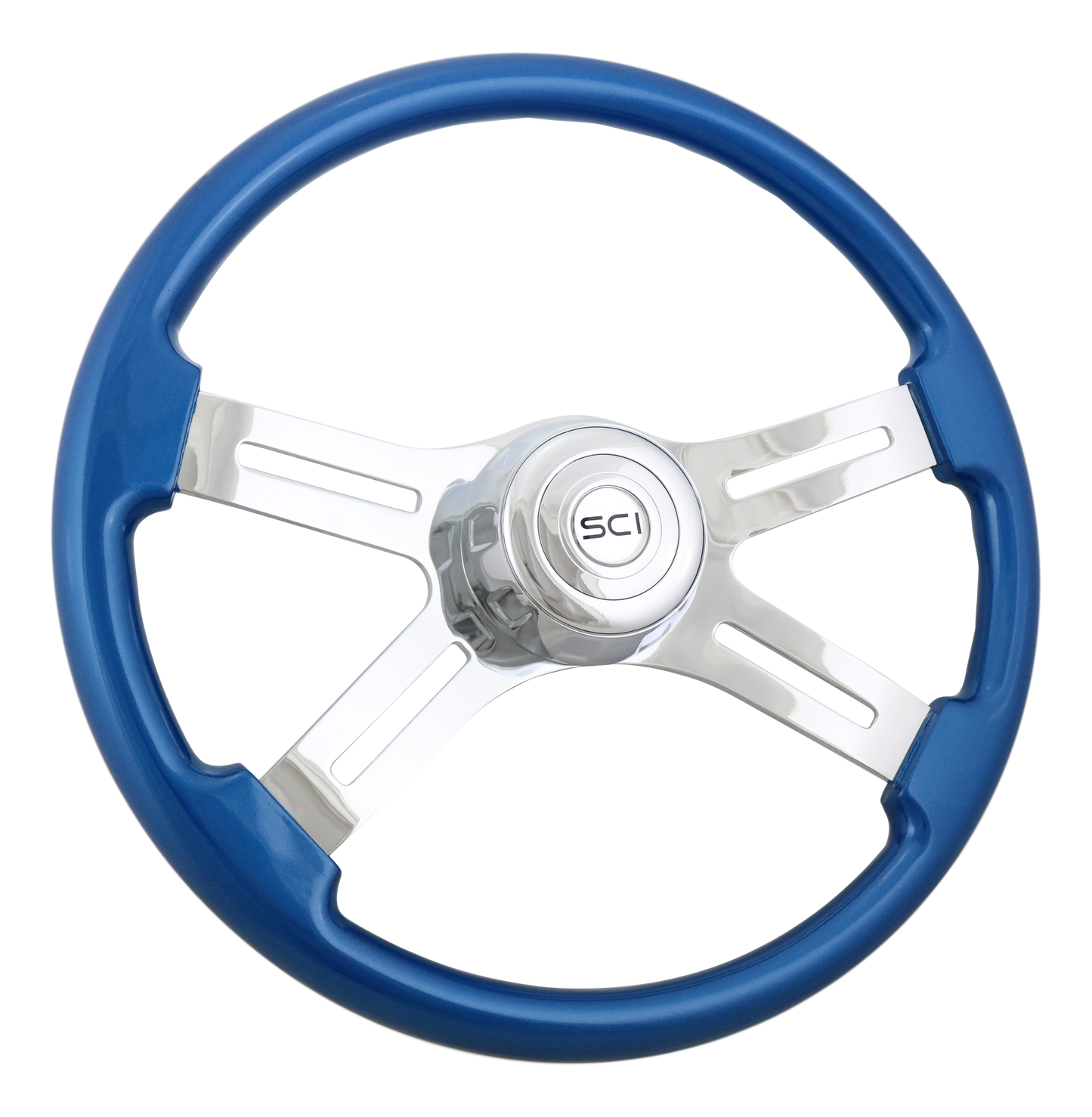 Steering Wheel 18" Classic Blue, Chrome 4-Spoke, Chrome 4-Spoke w/Slot Cut Outs