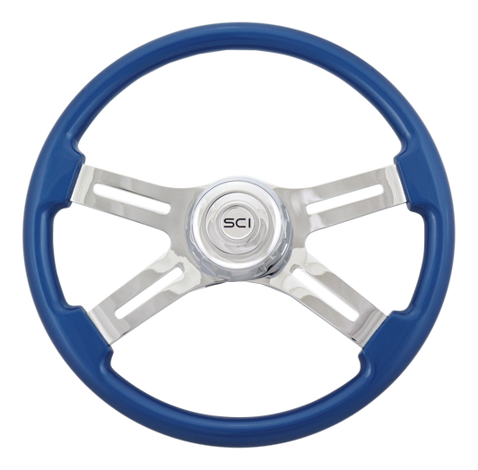 Steering Wheel 18" Classic Blue, Chrome 4-Spoke, Chrome 4-Spoke w/ Slot Cut Outs