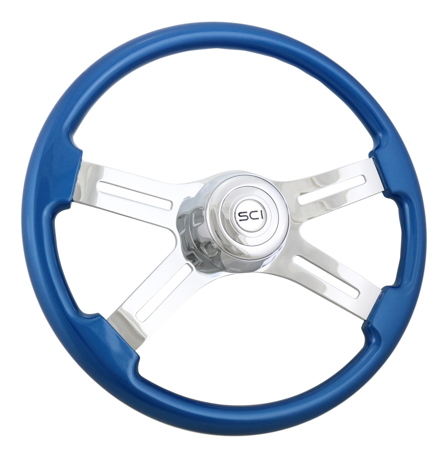 Steering Wheel 18" Classic Blue, Chrome 4-Spoke, Chrome 4-Spoke w/ Slot Cut Outs