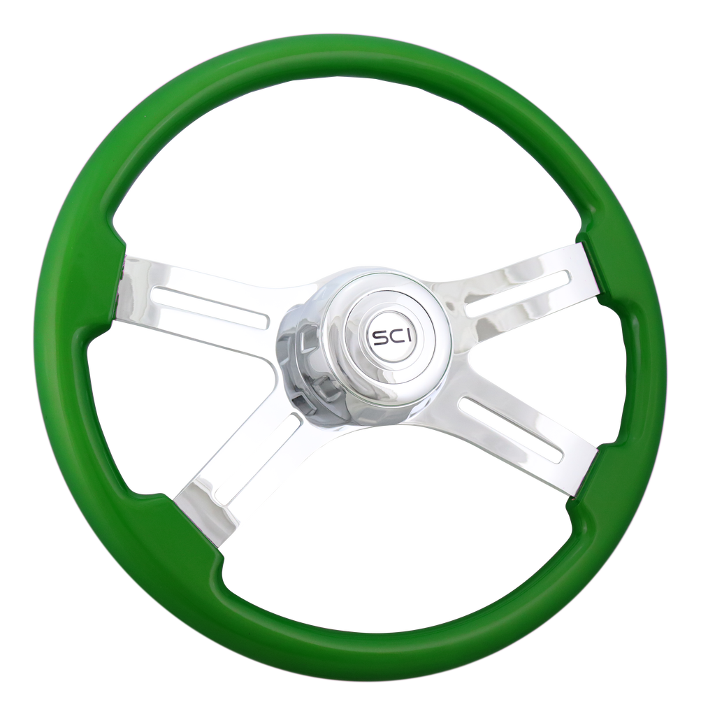Steering Wheel 18" Classic Green, Chrome 4-Spoke, Chrome 4-Spoke w/ Slot Cut Outs.