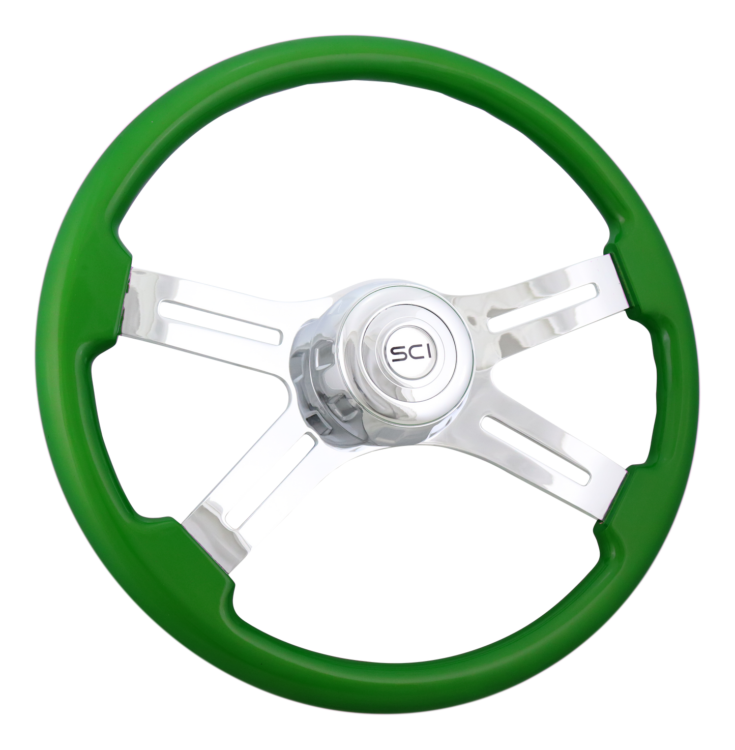 Steering Wheel 18" Classic Green, Chrome 4-Spoke, Chrome 4-Spoke w/ Slot Cut Outs.