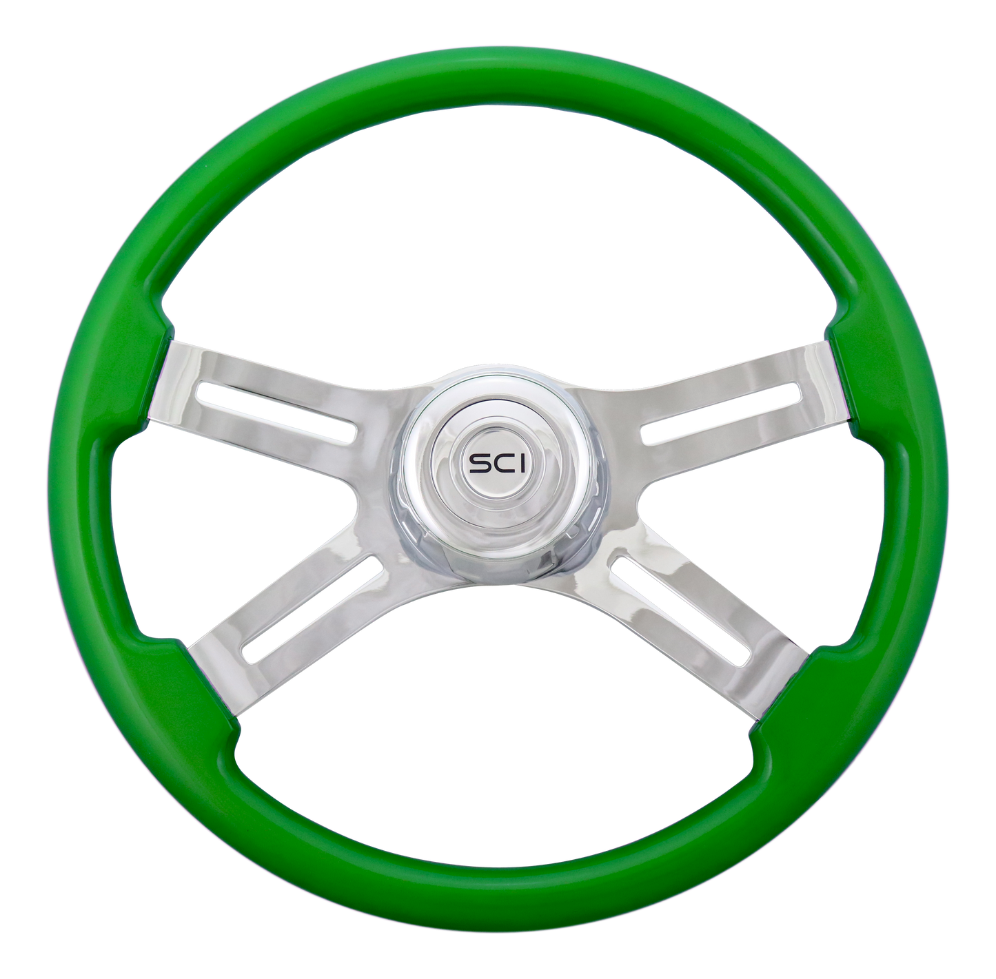 Steering Wheel 18" Classic Green, Chrome 4-Spoke, Chrome 4-Spoke w/ Slot Cut Outs.