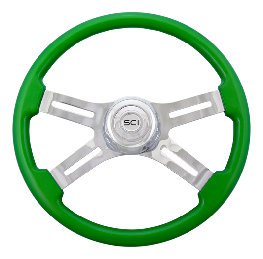 Steering Wheel 18" Classic Green, Chrome 4-Spoke, Chrome 4-Spoke w/ Slot Cut Outs.