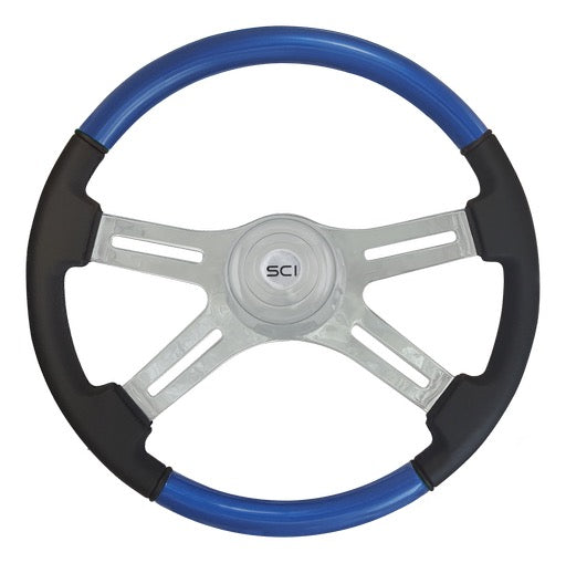 Steering Wheel 18" Painted Wood BLUE & Leather Rim, Chrome 4-Spoke w/ Slot Cut Outs, Chrome Bezel, Chrome Horn Button - Logo