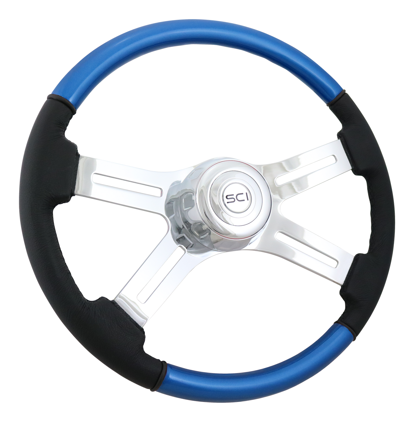 Steering Wheel 18" Painted Wood BLUE & Leather Rim, Chrome 4-Spoke w/ Slot Cut Outs, Chrome Bezel, Chrome Horn Button - Logo