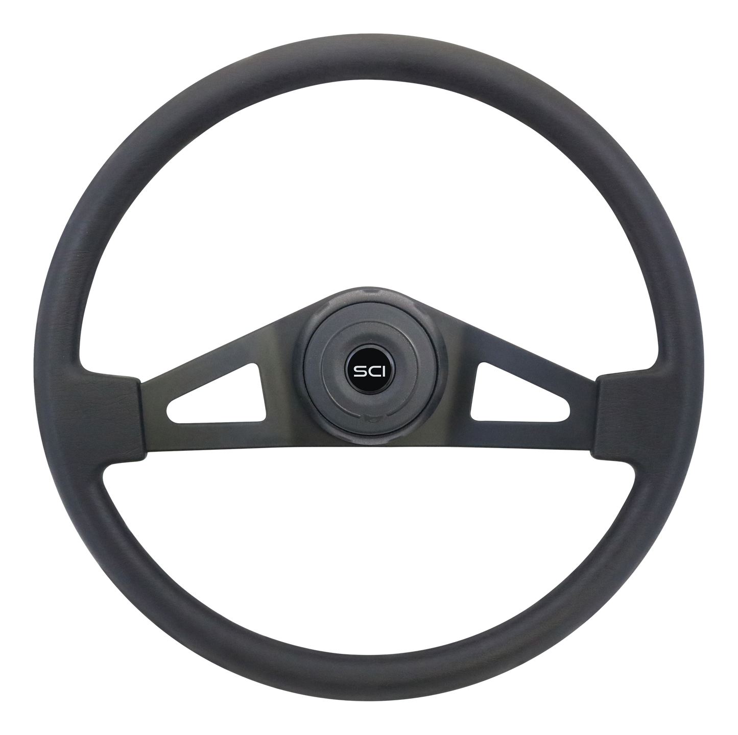 Steering Wheel 18" Pinion Polyurethane Rim, Black 2- Spoke w/Triangle Cut Outs Steering Wheel, Black Textured Bezel, Black Horn Button-Logo