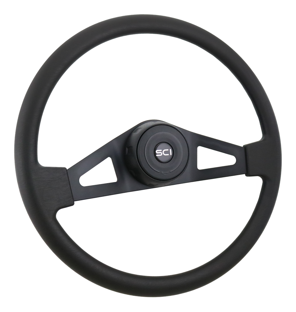 Steering Wheel 18" Pinion Polyurethane Rim, Black 2- Spoke w/Triangle Cut Outs Steering Wheel, Black Textured Bezel, Black Horn Button-Logo