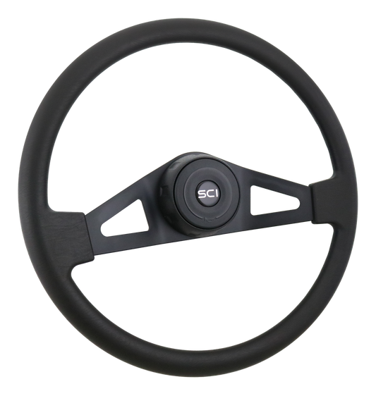 Steering Wheel 18" Pinion Polyurethane Rim, Black 2- Spoke w/Triangle Cut Outs Steering Wheel, Black Textured Bezel, Black Horn Button-Logo