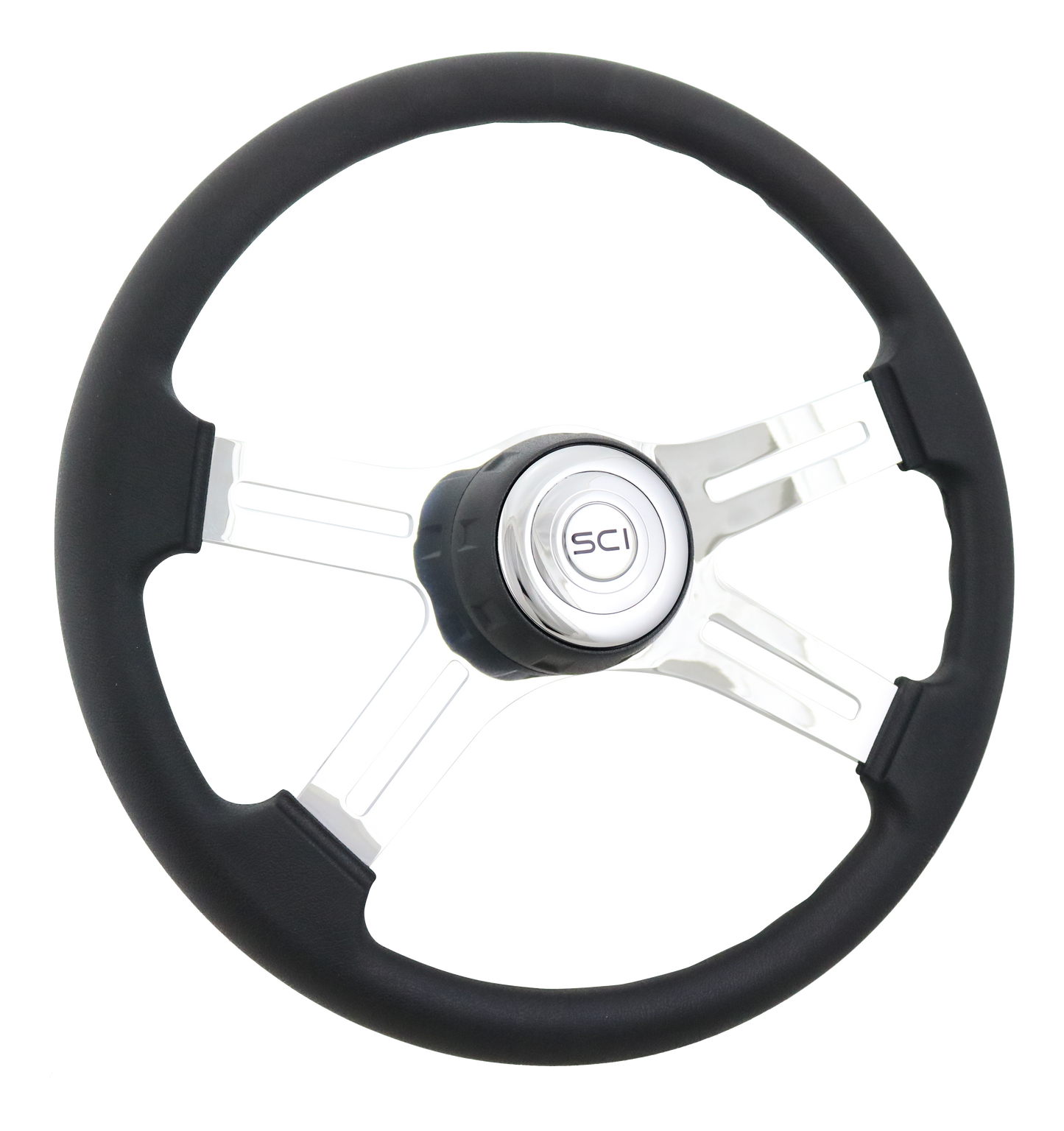 Steering Wheel 18" Polyurethane Rim, Chrome 4-Spoke w/Slot Cut Outs, Black Textured Bezel, Chrome Horn Button - Logo