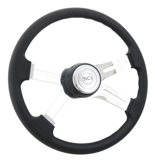 Steering Wheel 18" Polyurethane Rim, Chrome 4-Spoke w/Slot Cut Outs, Black Textured Bezel, Chrome Horn Button - Logo