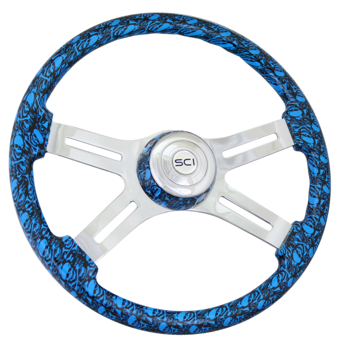 Steering Wheel 18" Skulls Blue. Matching bezel. Skulls Blue - Printed Wood Rim, Chrome 4-Spoke w/ Slot Cut Outs