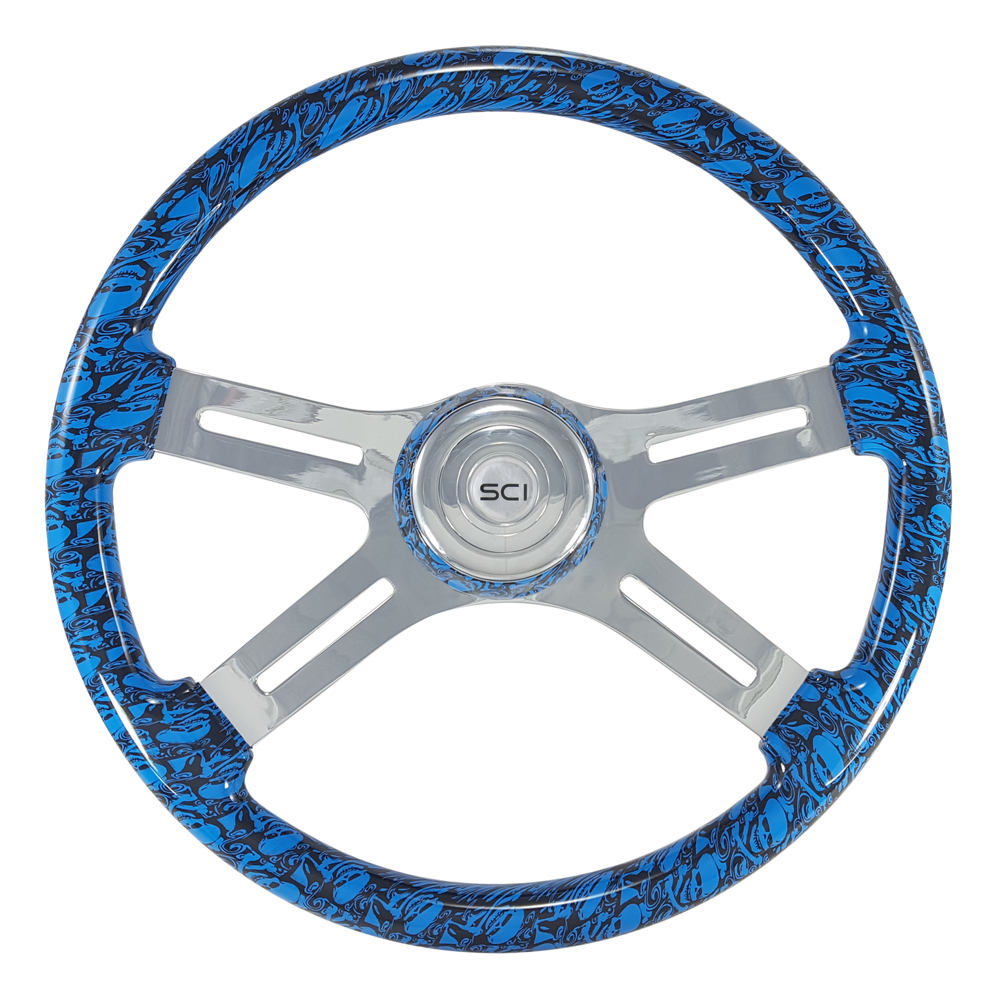 Steering Wheel 18" Skulls Blue. Matching bezel. Skulls Blue - Printed Wood Rim, Chrome 4-Spoke w/ Slot Cut Outs