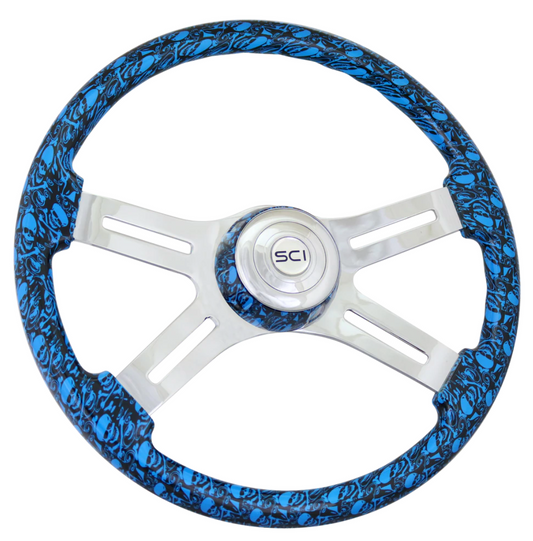 Steering Wheel 18" Skulls Blue. Matching bezel. Skulls Blue - Printed Wood Rim, Chrome 4-Spoke w/ Slot Cut Outs