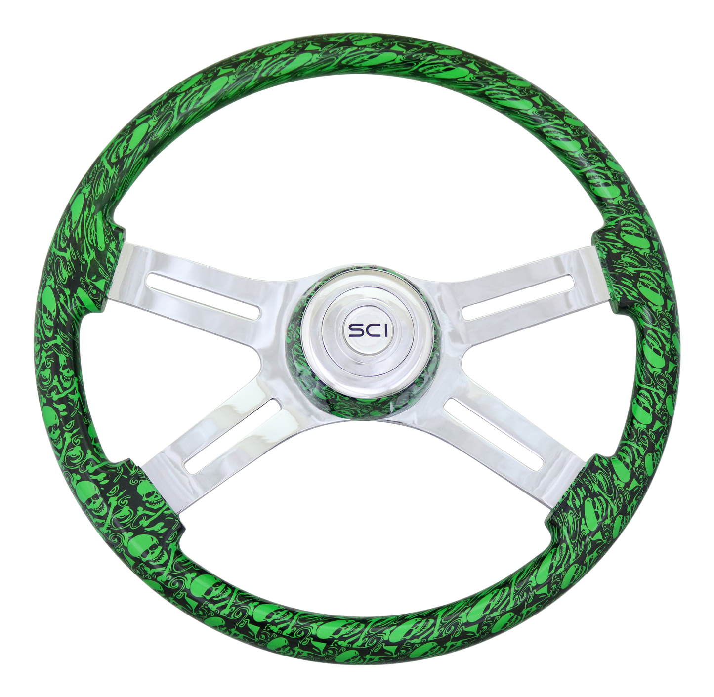 Steering Wheel 18" Skulls Green. Matching bezel. Skulls Green - Printed Wood Rim, Chrome 4-Spoke w/ Slot Cut Outs