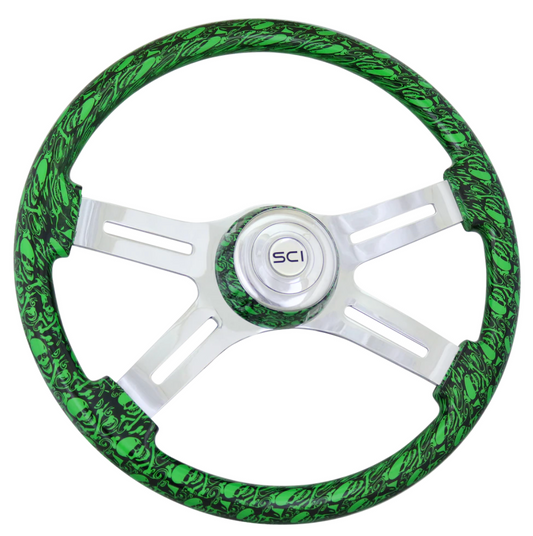 Steering Wheel 18" Skulls Green. Matching bezel. Skulls Green - Printed Wood Rim, Chrome 4-Spoke w/ Slot Cut Outs