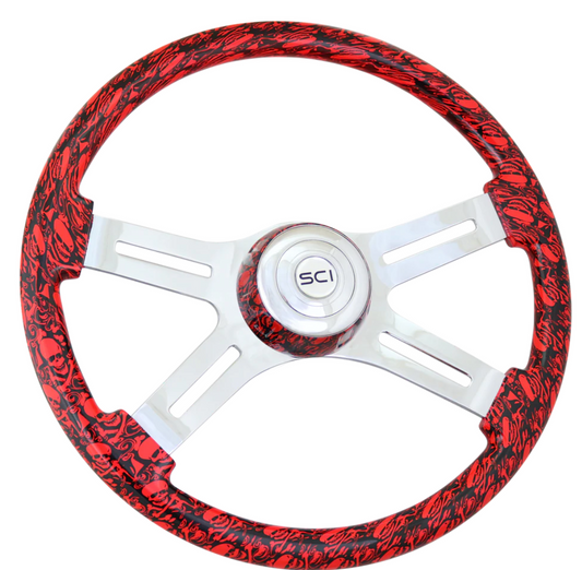 Steering Wheel 18" Skulls Viper Red. Matching bezel. Skulls Viper Red - Printed Wood Rim, Chrome 4-Spoke w/ Slot Cut Outs