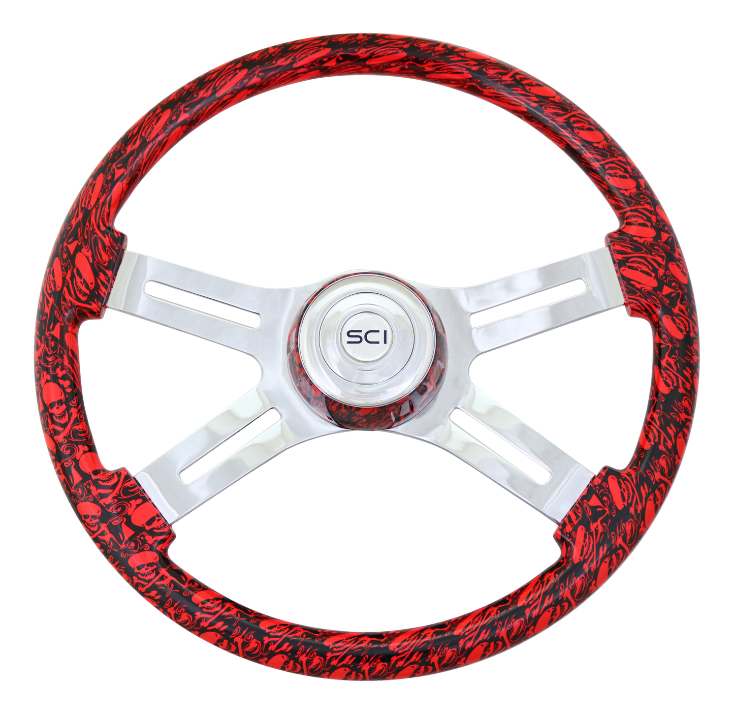 Steering Wheel 18" Skulls Viper Red. Matching bezel. Skulls Viper Red - Printed Wood Rim, Chrome 4-Spoke w/ Slot Cut Outs