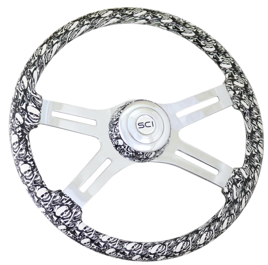 Steering Wheel 18" Skulls White. Matching bezel. Skulls White - Printed Wood Rim, Chrome 4-Spoke w/ Slot Cut Outs