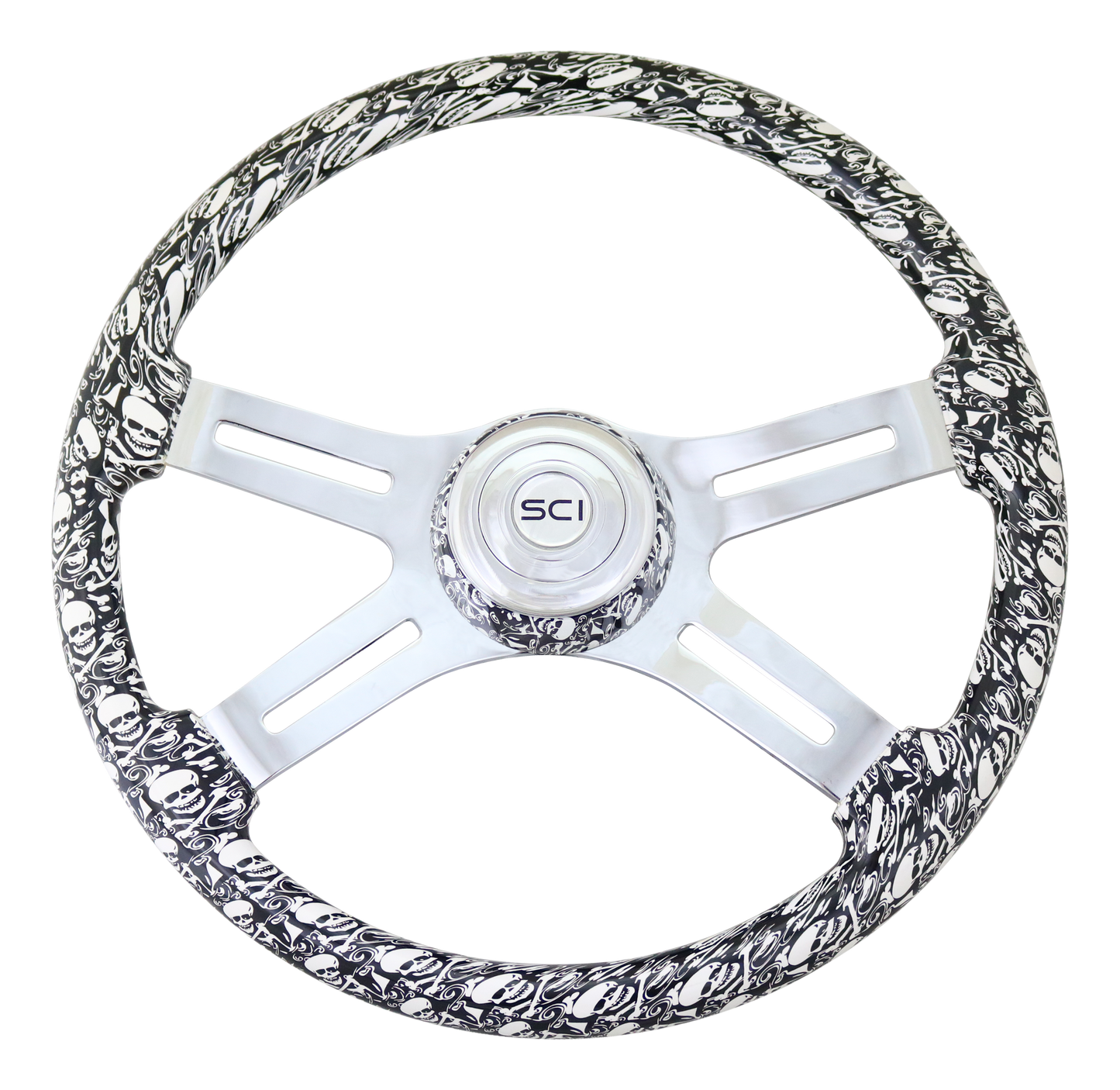 Steering Wheel 18" Skulls White. Matching bezel. Skulls White - Printed Wood Rim, Chrome 4-Spoke w/ Slot Cut Outs