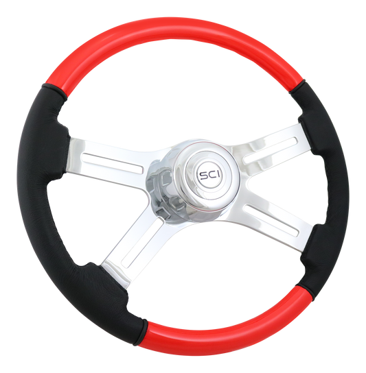 Steering Wheel 18" Viper Red Painted Wood RED & Leather Rim, Chrome 4-Spoke w/ Slot Cut Outs, Chrome Bezel, Chrome Horn Button - Logo