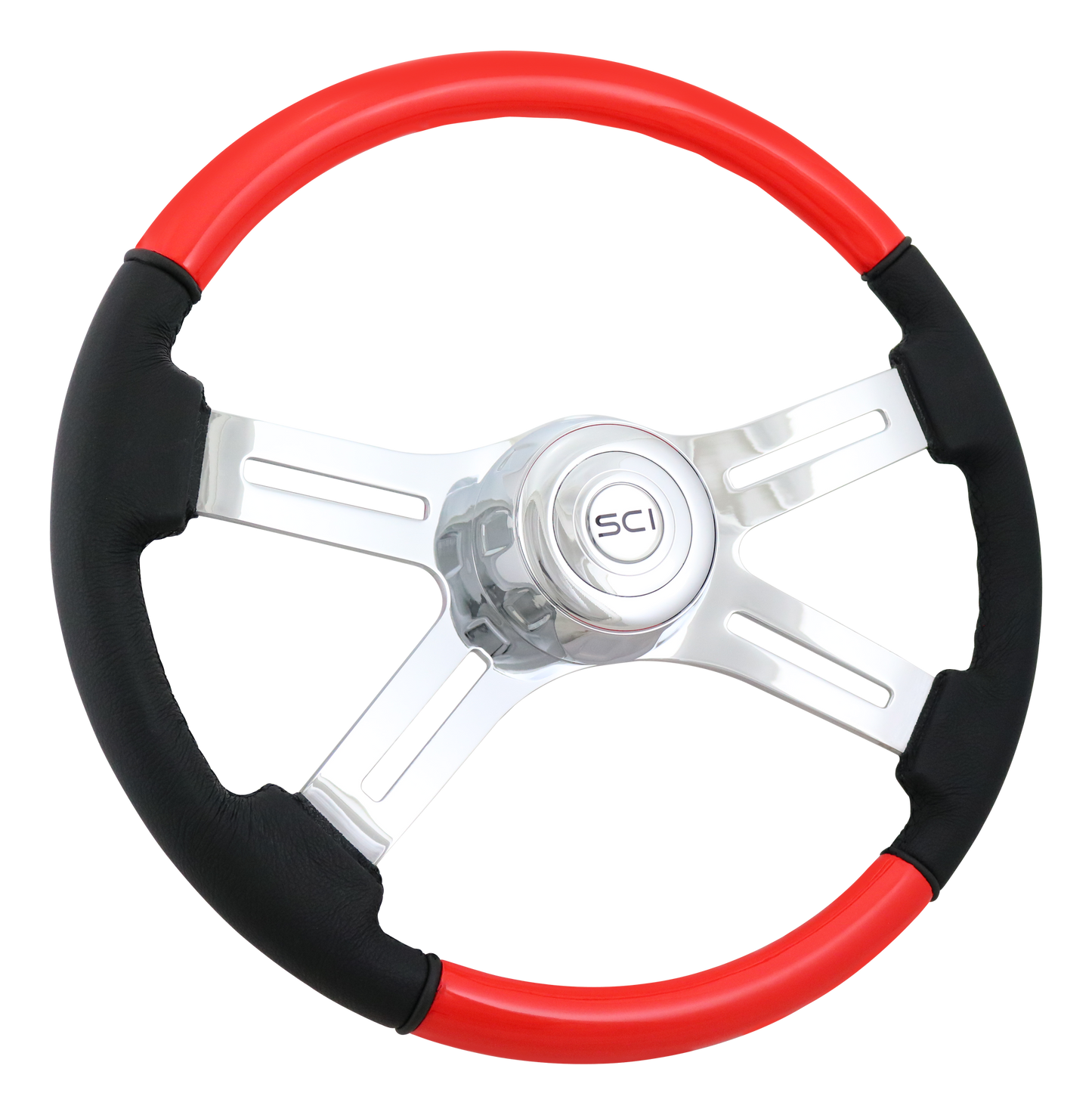 Steering Wheel 18" Viper Red Painted Wood RED & Leather Rim, Chrome 4-Spoke w/ Slot Cut Outs, Chrome Bezel, Chrome Horn Button - Logo