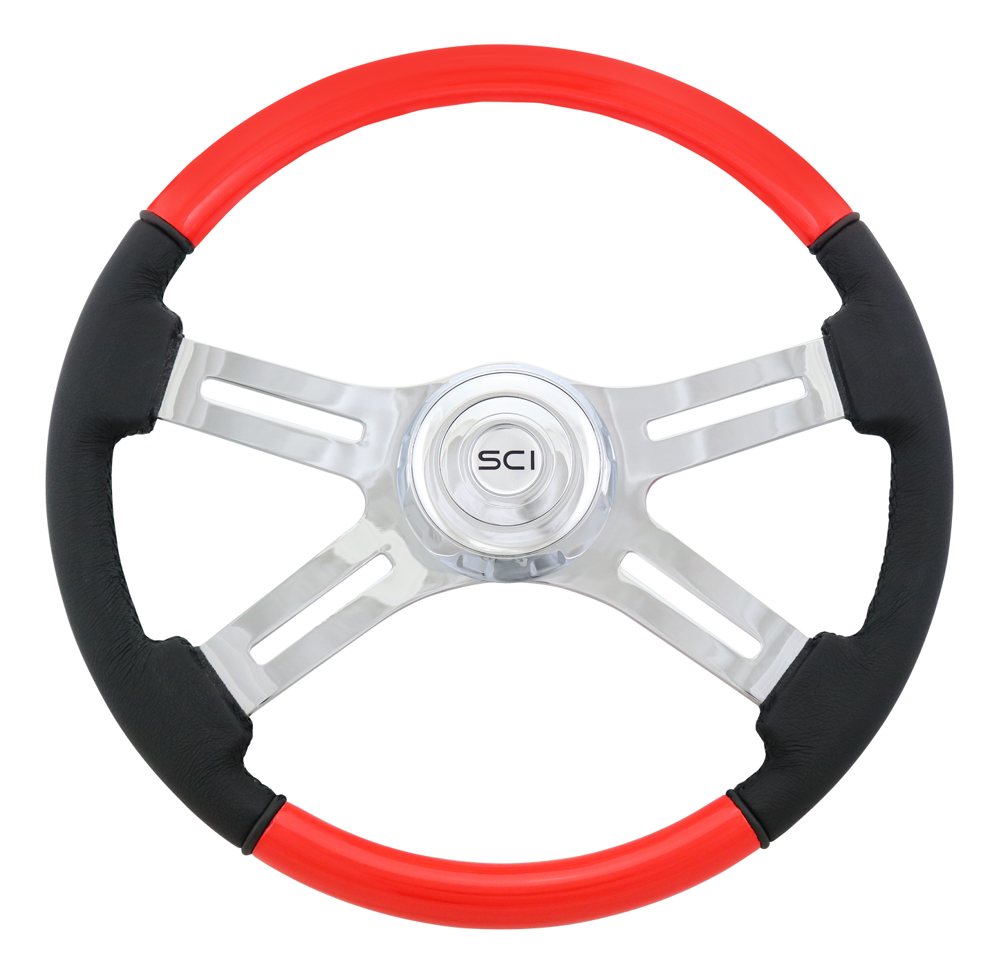 Steering Wheel 18" Viper Red Painted Wood RED & Leather Rim, Chrome 4-Spoke w/ Slot Cut Outs, Chrome Bezel, Chrome Horn Button - Logo