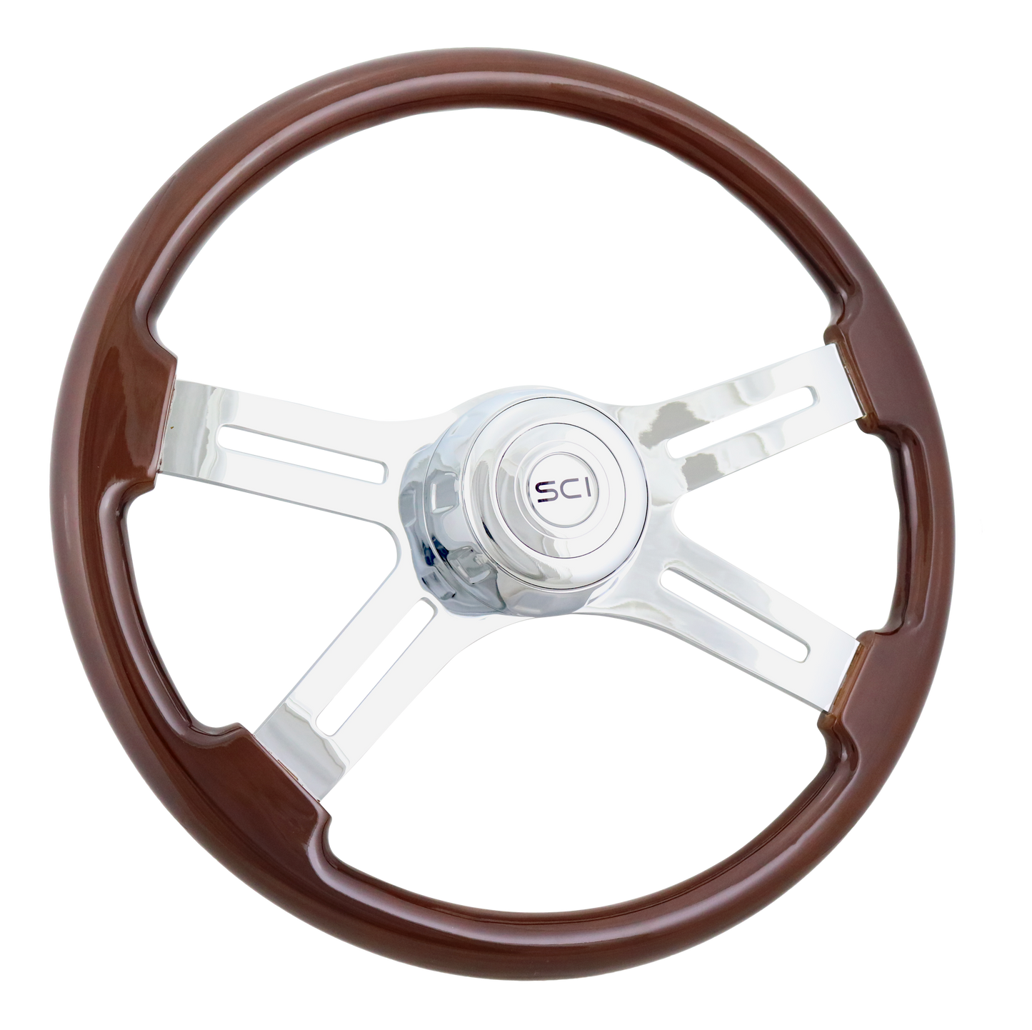 Steering Wheel 18" Wood, Chrome 4-Spoke, Chrome 4-Spoke w/ Slot Cut Outs.
