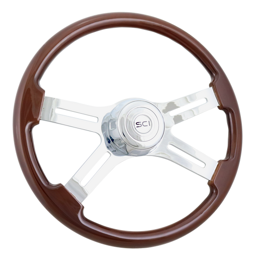 Steering Wheel 18" Wood Classic, Chrome 4-Spoke, Chrome 4-Spoke w/ Slot Cut Outs.