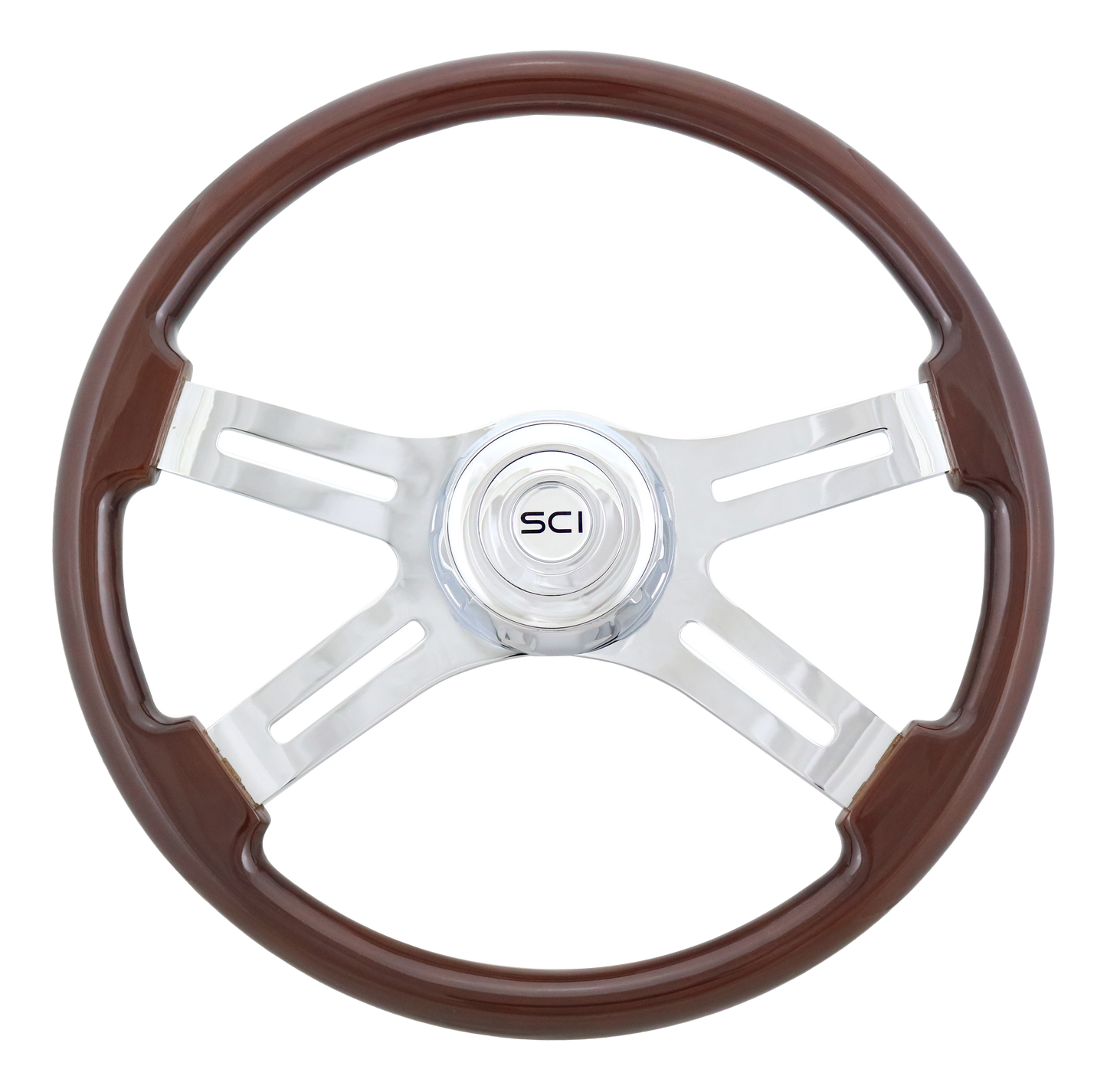 Steering Wheel 18" Wood Classic, Chrome 4-Spoke, Chrome 4-Spoke w/ Slot Cut Outs.