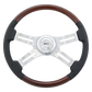 Steering Wheel 18" Wood & Leather Rim, Chrome 4-Spoke w/Slot Cut Outs, Chrome Bezel, Chrome Horn Button - Logo