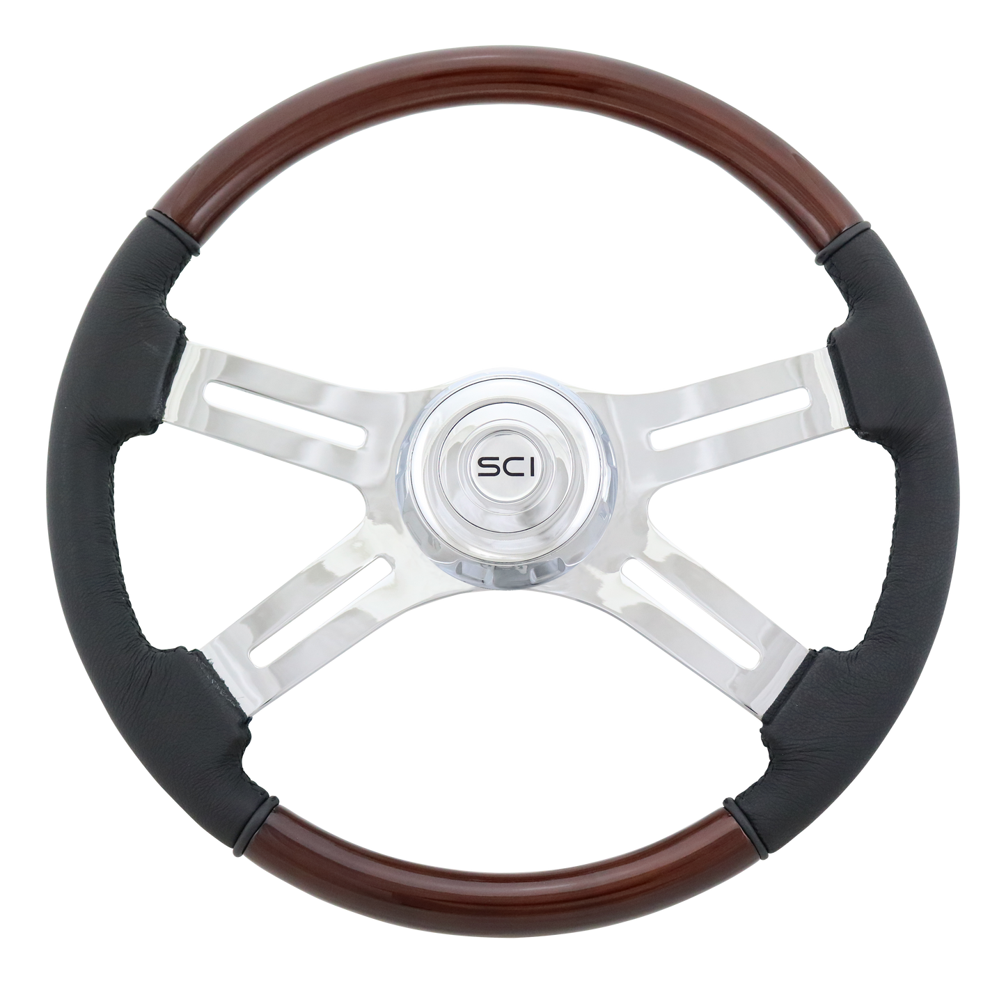 Steering Wheel 18" Wood & Leather Rim, Chrome 4-Spoke w/Slot Cut Outs, Chrome Bezel, Chrome Horn Button - Logo