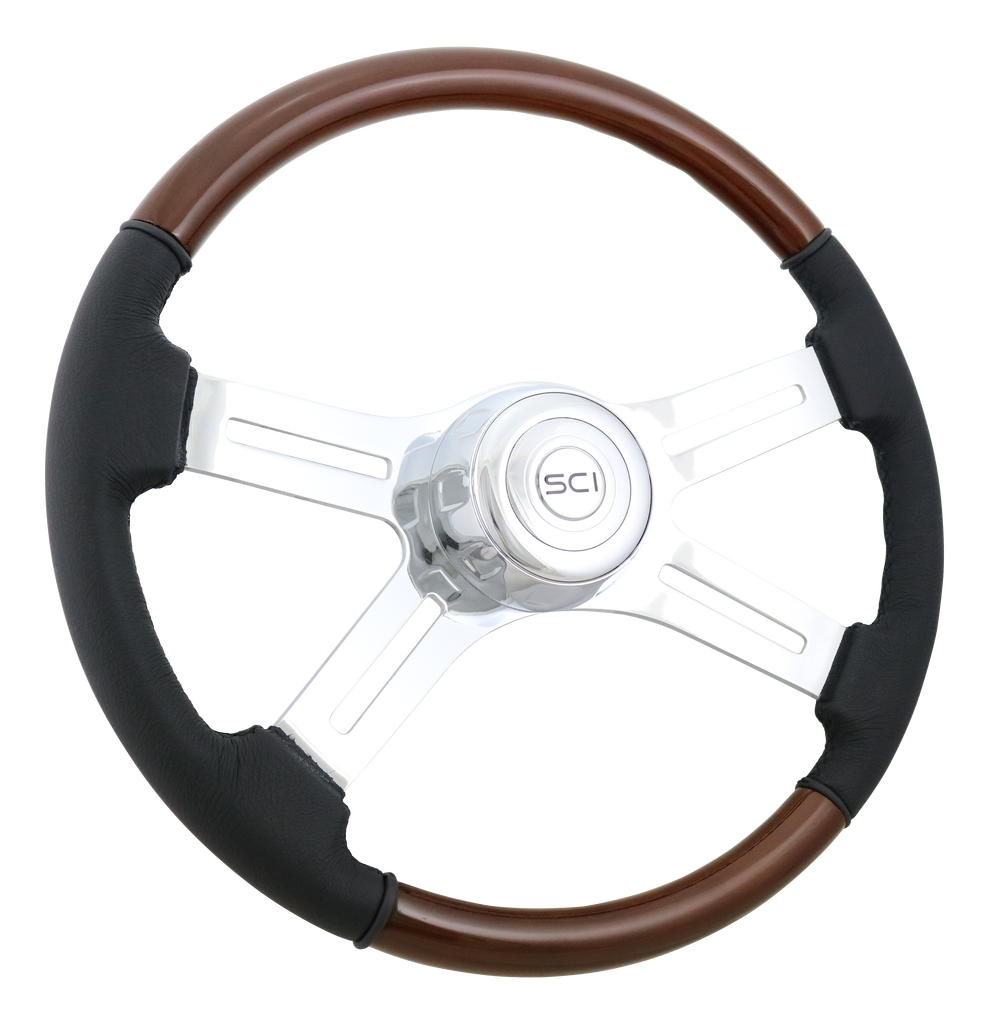 Steering Wheel 18" Wood & Leather Rim, Chrome 4-Spoke w/Slot Cut Outs, Chrome Bezel, Chrome Horn Button - Logo