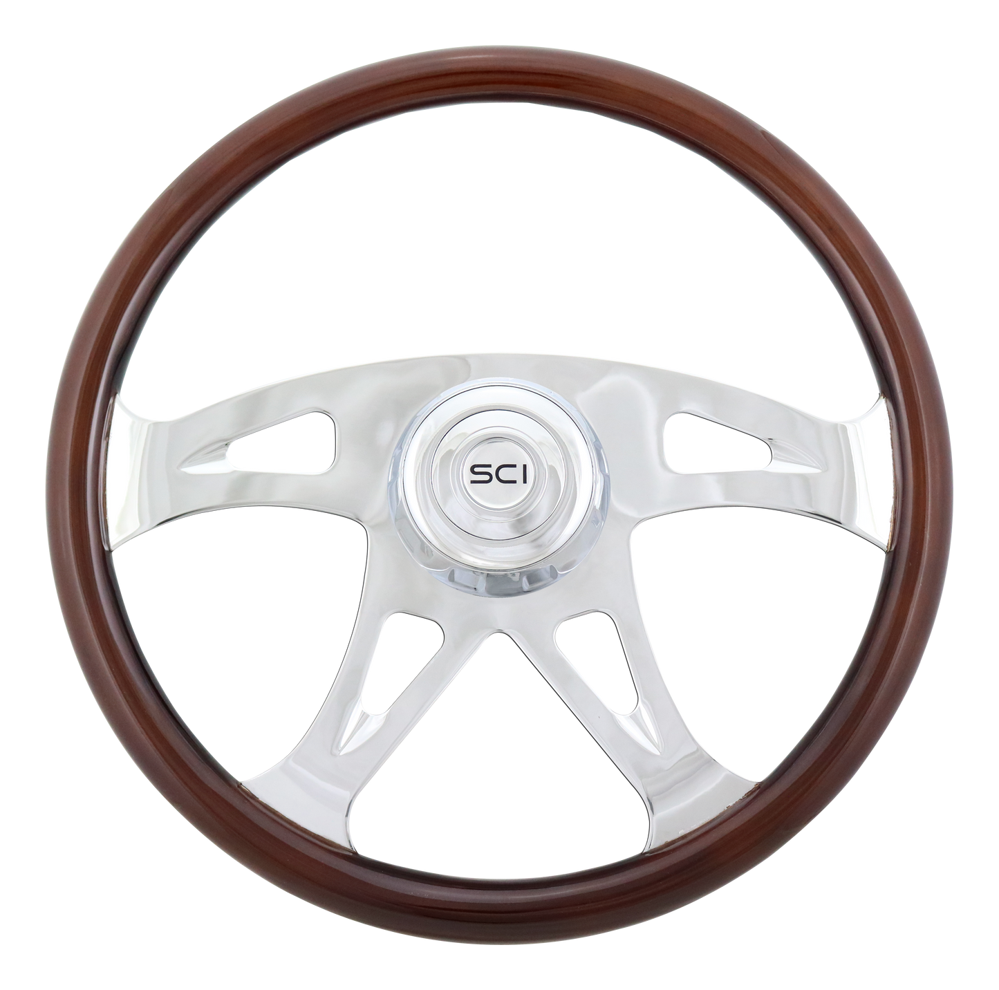 Steering Wheel Ace - 18" Wood Rim, Chrome 4-Spoke w/Cut Outs, Chrome Bezel, Chrome Horn Button - SCI Logo