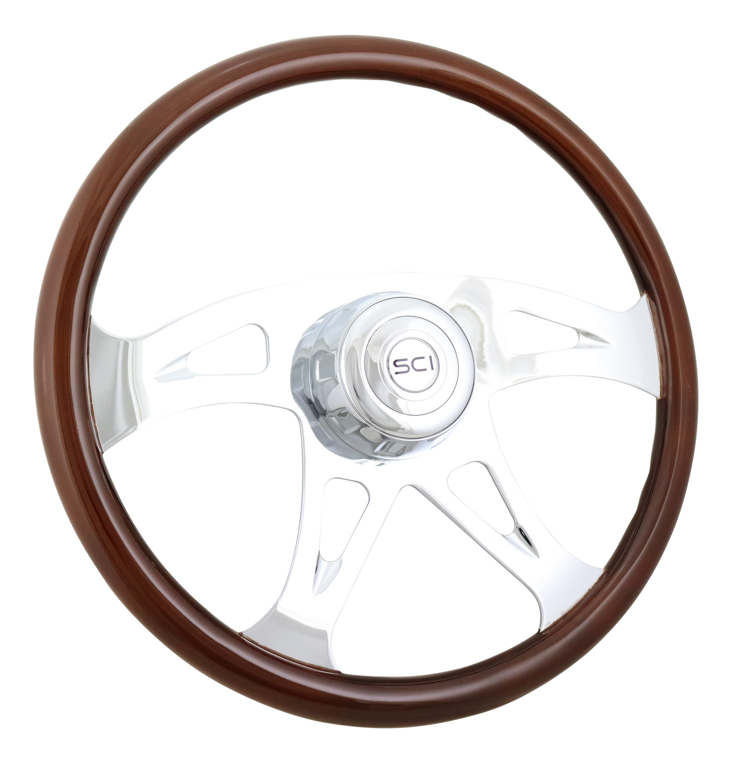 Steering Wheel Ace - 18" Wood Rim, Chrome 4-Spoke w/Cut Outs, Chrome Bezel, Chrome Horn Button - SCI Logo