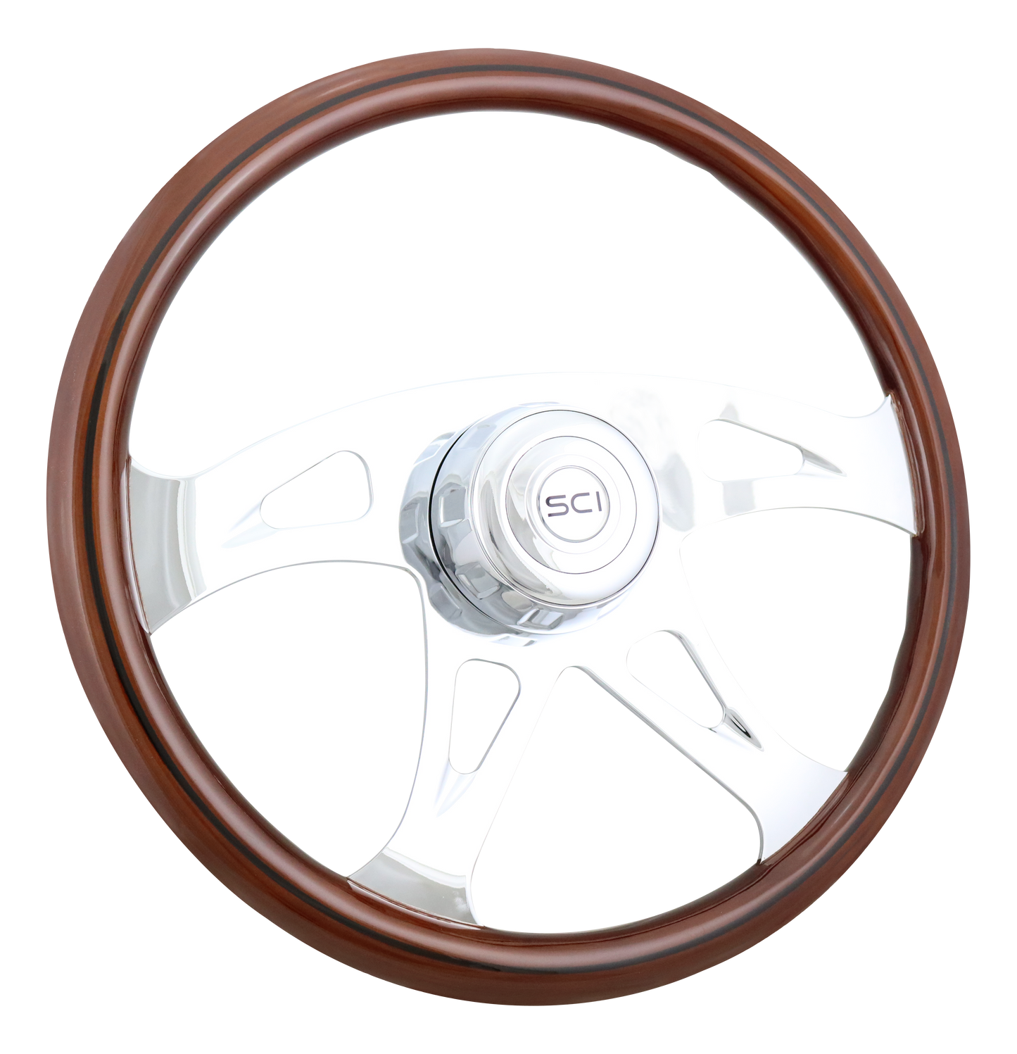 Steering Wheel Ace w/Black Line - 18" Wood Rim, Chrome 4-Spoke w/Cut Outs, Chrome Bezel, Chrome Horn Button - SCI Logo