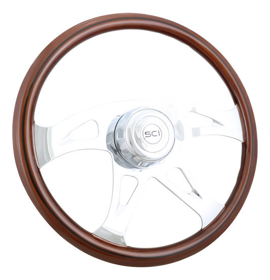 Steering Wheel Ace w/Black Line - 18" Wood Rim, Chrome 4-Spoke w/Cut Outs, Chrome Bezel, Chrome Horn Button - SCI Logo