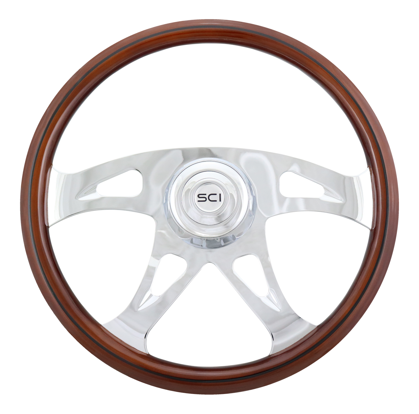 Steering Wheel Ace w/Black Line - 18" Wood Rim, Chrome 4-Spoke w/Cut Outs, Chrome Bezel, Chrome Horn Button - SCI Logo