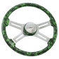 Steering Wheel Big Skulls Green - 18" Printed Wood Rim, Chrome 4-Spoke w/ Slot Cut Outs, Matching Bezel, Chrome Horn Button - SCI Logo