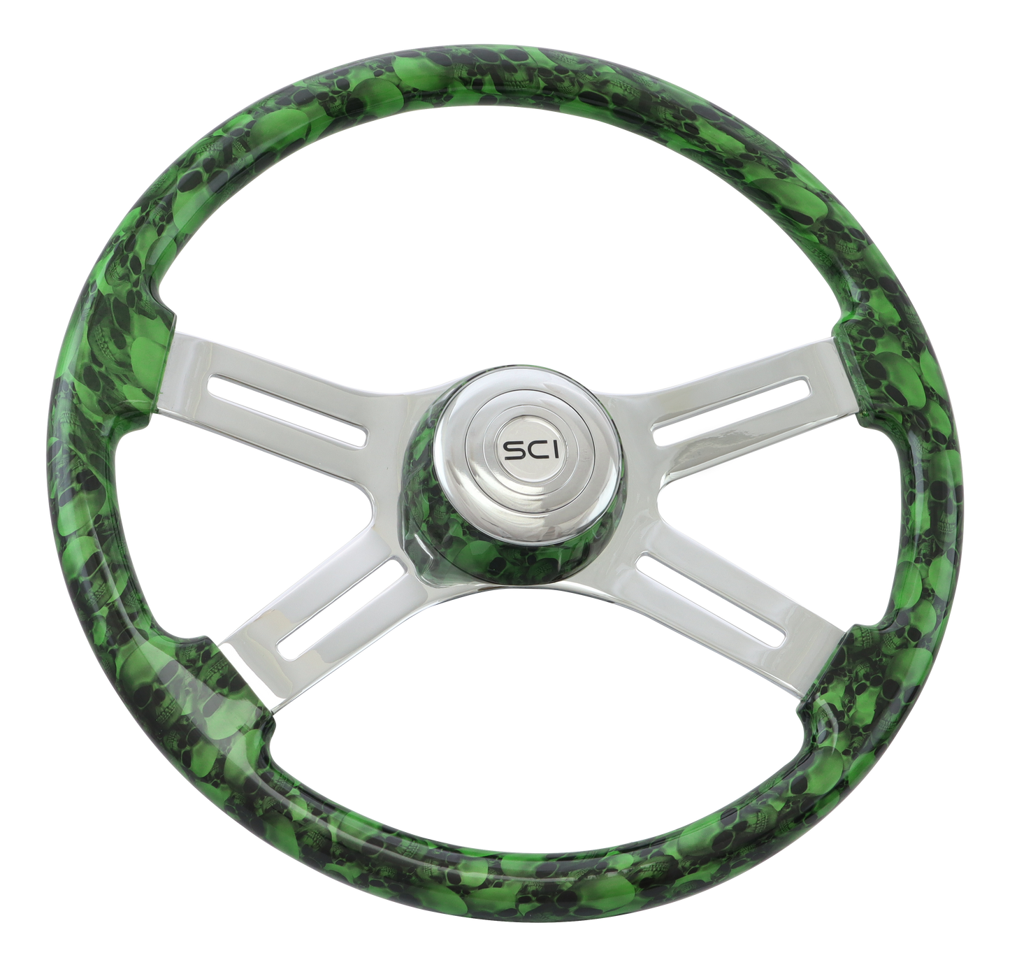 Steering Wheel Big Skulls Green - 18" Printed Wood Rim, Chrome 4-Spoke w/ Slot Cut Outs, Matching Bezel, Chrome Horn Button - SCI Logo