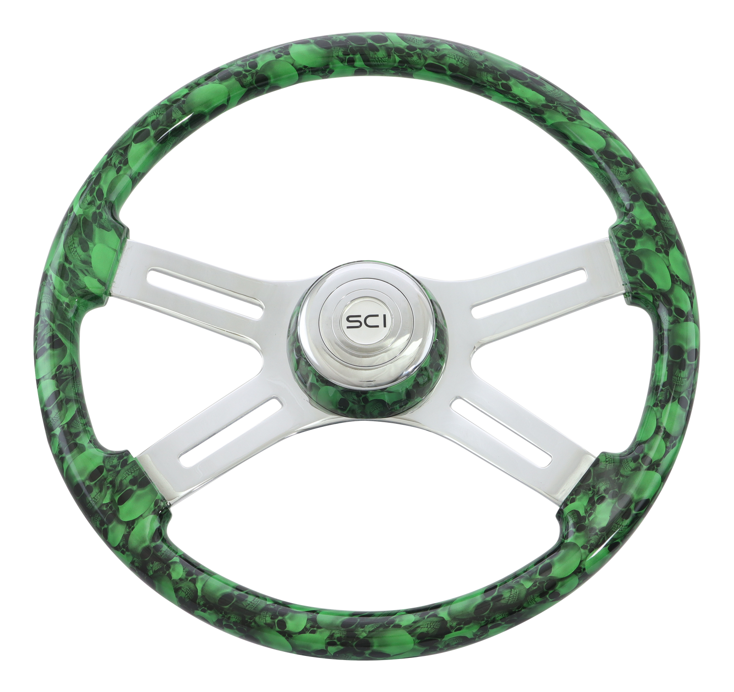 Steering Wheel Big Skulls Green - 18" Printed Wood Rim, Chrome 4-Spoke w/ Slot Cut Outs, Matching Bezel, Chrome Horn Button - SCI Logo