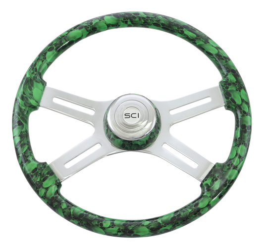 Steering Wheel Big Skulls Green - 18" Printed Wood Rim, Chrome 4-Spoke w/ Slot Cut Outs, Matching Bezel, Chrome Horn Button - SCI Logo