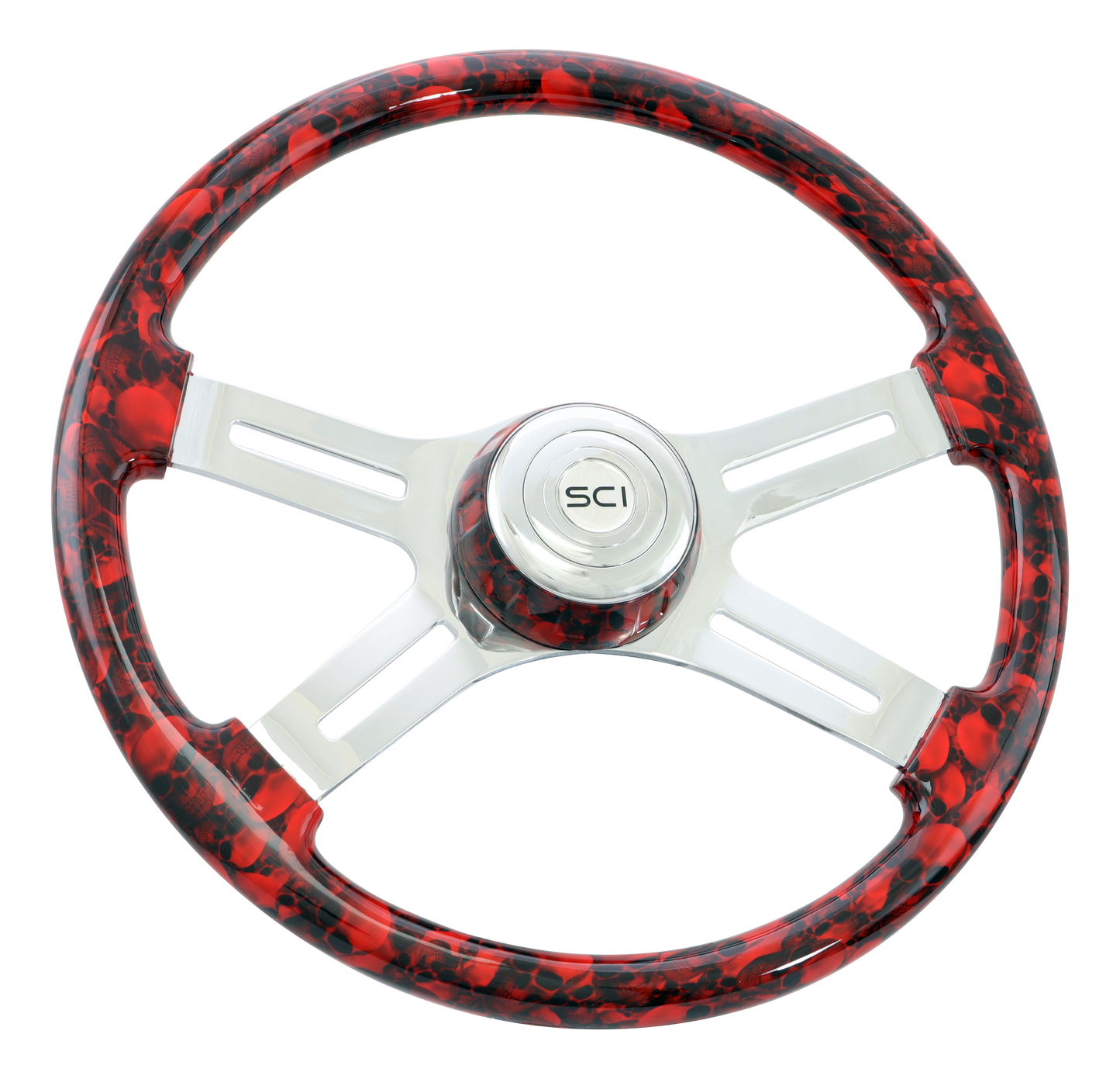 Steering Wheel Big Skulls Red - 18" Printed Wood Rim, Chrome 4-Spoke w/Slot Cut Outs, Matching Bezel, Chrome Horn Button - SCI Logo