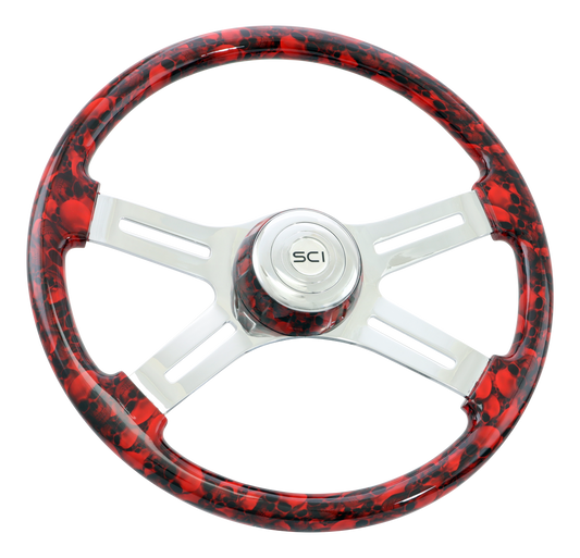 Steering Wheel Big Skulls Red - 18" Printed Wood Rim, Chrome 4-Spoke w/Slot Cut Outs, Matching Bezel, Chrome Horn Button - SCI Logo