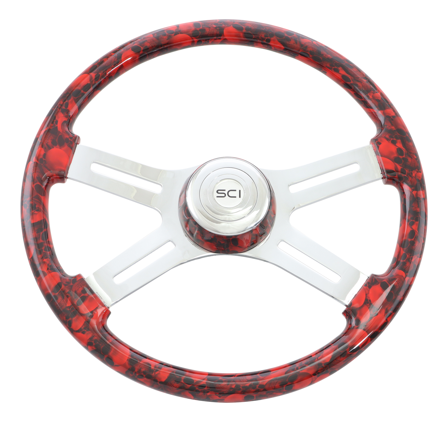 Steering Wheel Big Skulls Red - 18" Printed Wood Rim, Chrome 4-Spoke w/Slot Cut Outs, Matching Bezel, Chrome Horn Button - SCI Logo