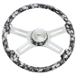 Steering Wheel Big Skulls White - 18" Printed Wood Rim, Chrome  4-Spoke w/ Slot Cut Outs, Matching Bezel, Chrome Horn Button - SCI Logo