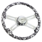 Steering Wheel Big Skulls White - 18" Printed Wood Rim, Chrome  4-Spoke w/ Slot Cut Outs, Matching Bezel, Chrome Horn Button - SCI Logo