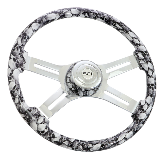 Steering Wheel Big Skulls White - 18" Printed Wood Rim, Chrome  4-Spoke w/ Slot Cut Outs, Matching Bezel, Chrome Horn Button - SCI Logo