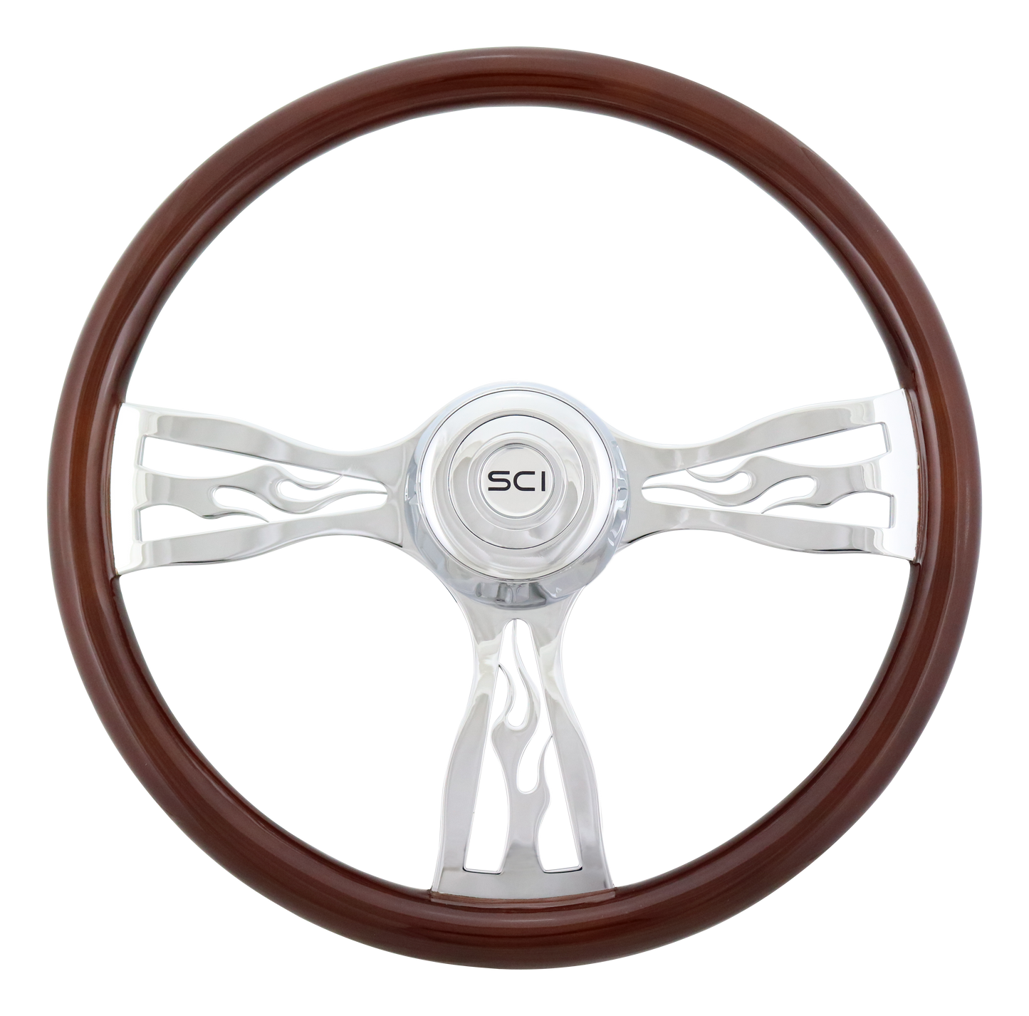 Steering Wheel Blaze - 18" Wood Rim, Chrome 3-Spoke w/Cut Outs, Chrome Bezel, Chrome Horn Button - SCI Logo